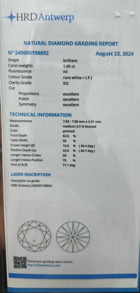 1.85 Karat Renk F Temizlik SI2 Uluslararası HRD Pırlanta Sertifikalı Tektaş Yüzük 14 Ayar Altın