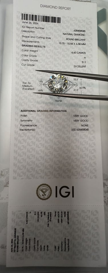 4.60 Karat Uluslararası IGI Pırlanta Sertifikalı Tektaş Yüzük 14 Ayar Altın