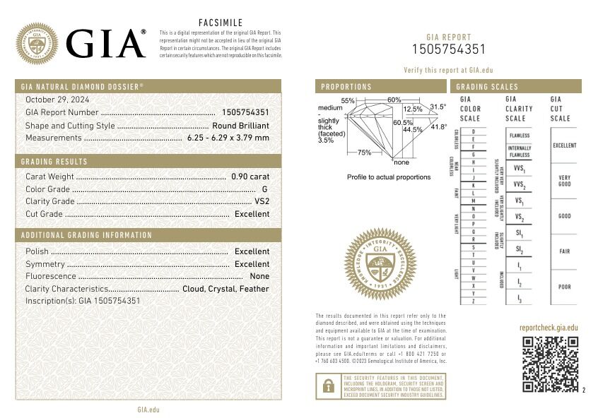 0.90 Karat G VS2 GIA Sertifikalı Yuvarlak Kesim Doğal Pırlanta