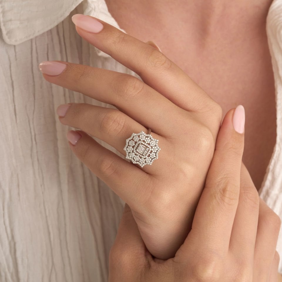 0.68 ct Mega Kar Tanesi Dizayn Baget Yüzük 14 Ayar Altın