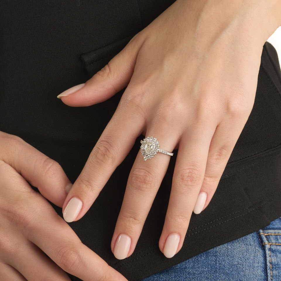 1.20 Karat  Anturaj Damla Model Tasarım Yüzük Uluslararası JTR Sertifikalı 14 Ayar Altın