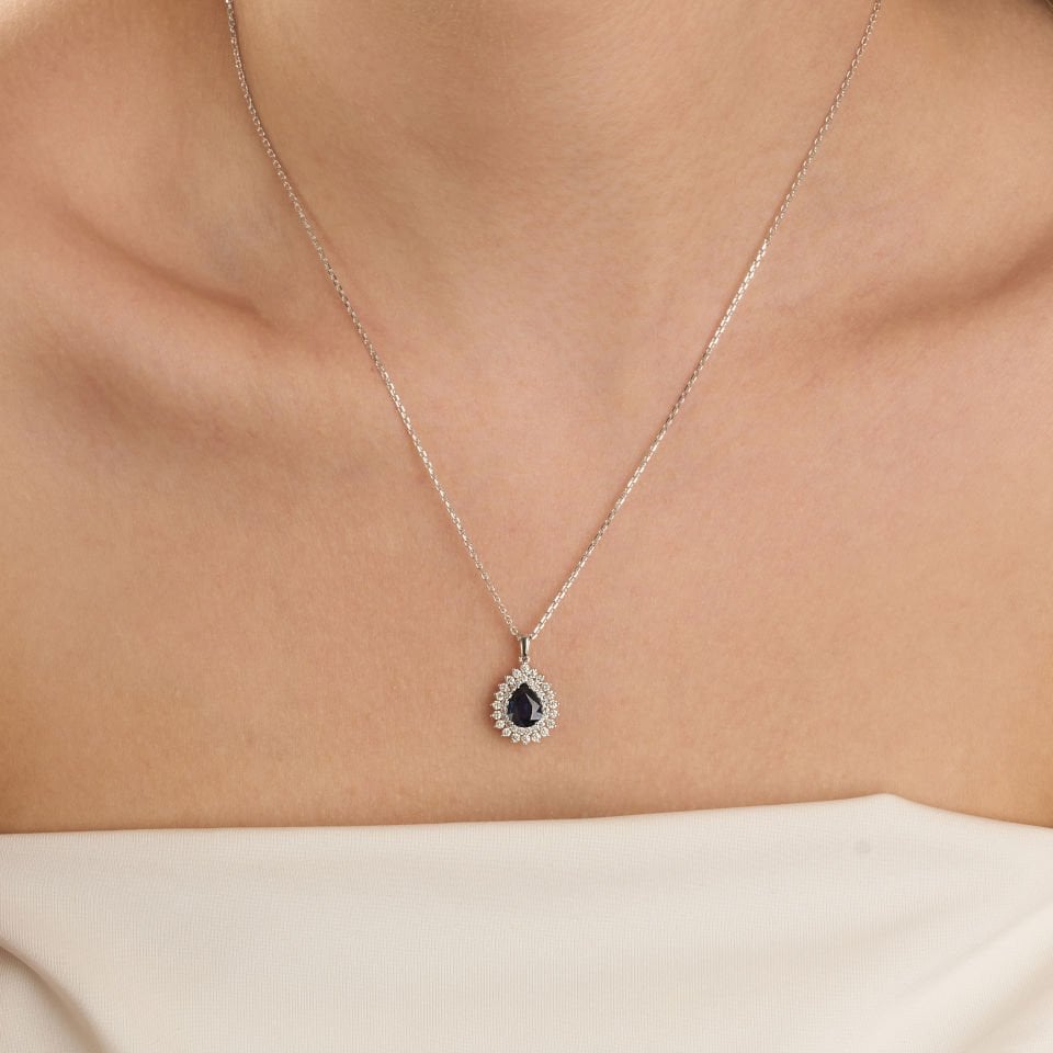 1.64 Karat Damla Safir Pırlanta Kolye 14 Ayar Altın