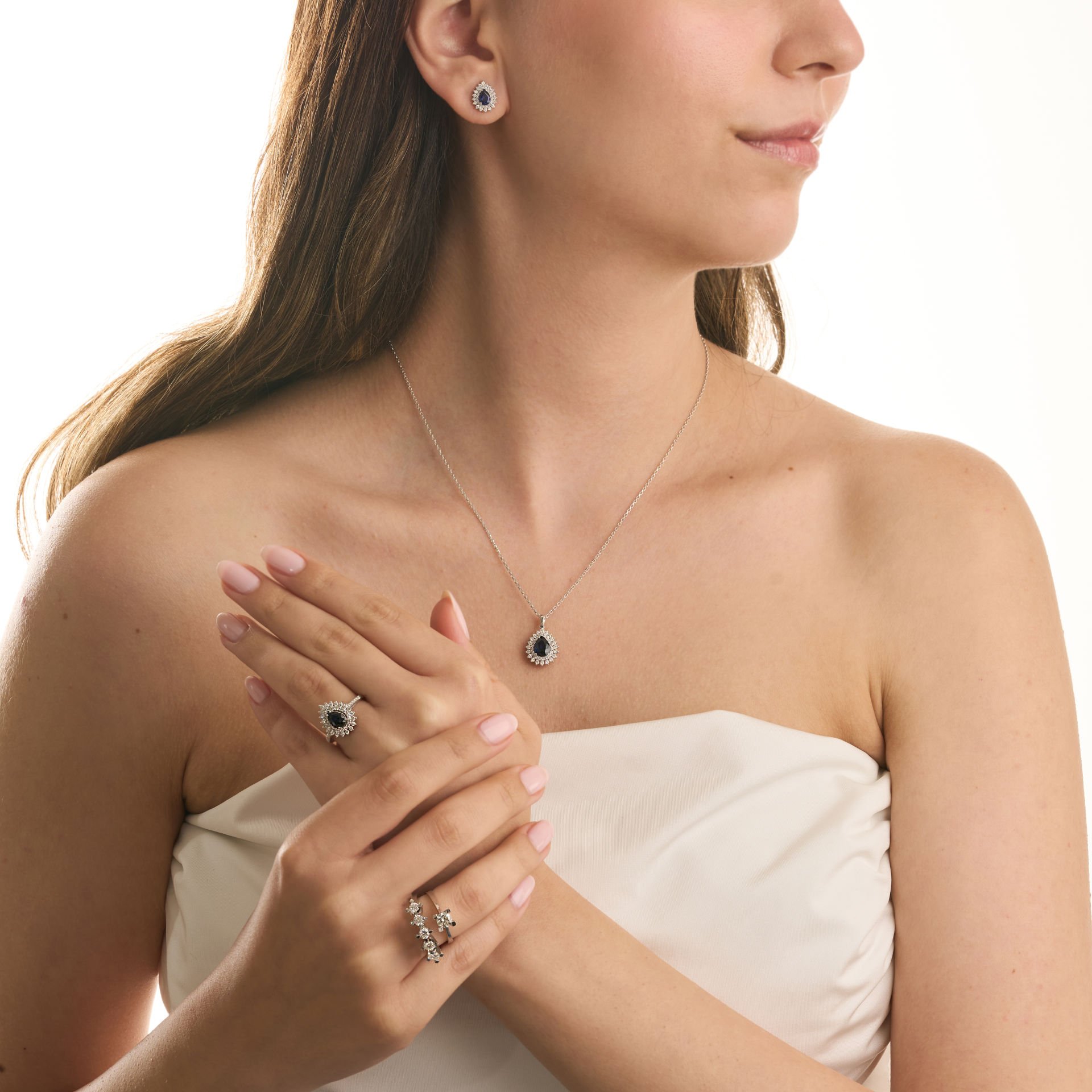 1.69 Karat Safir Damla Model Full Pırlanta Anturaj Yüzük 14 Ayar Altın