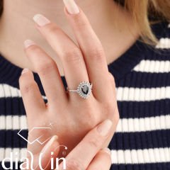 1.69 Karat Safir Damla Model Full Pırlanta Anturaj Yüzük 14 Ayar Altın