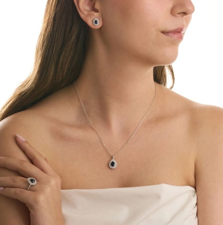 1.60 Karat Safir Damla Model Full Pırlanta Anturaj Küpe 14 Ayar Altın